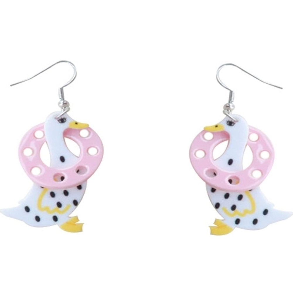 Duck Earrings with Pink Donut Design